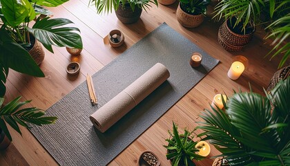 Serene Yoga Studio Indoor Plants, Candles, and Tranquil Space