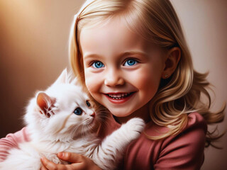 a beautiful girl with blonde hair is hugging her beloved kitten