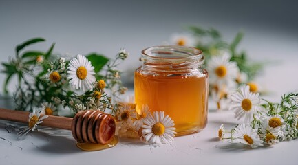 Honey in a jar surrounded by chamomile flowers (1)