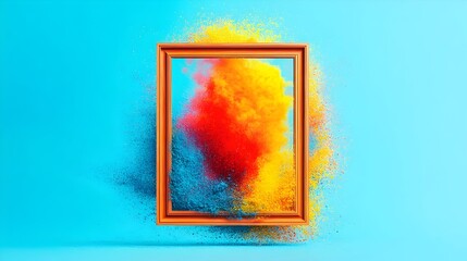 Orange frame contains vibrant red, yellow, and blue powder explosion against a light blue background