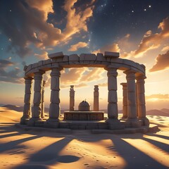Fototapeta premium A realistic, historically inspired scene showing a stone-built ancient astronomical observatory with aligned pillars and carved instruments, under golden sunset light.