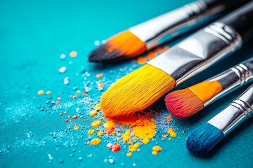 A group of paint brushes sitting on top of a blue surface