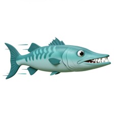 Obraz premium A 3D Render of a Cartoon Barracuda Fish Swimming Swiftly, Showing its Sharp Teeth and Dynamic Pose against a White Background