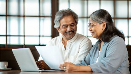 Happy Indian Elderly Couple Learning About Long-Term Financial Plans in Office
