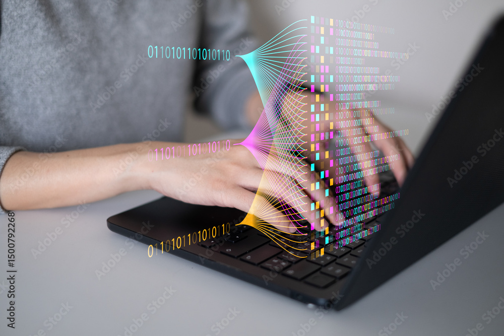 Poster businessman using laptop tablet data analysis big data technology artificial intelligence ai innovat