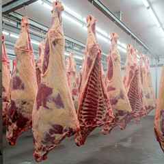 Many half-cut pigs hanging in a refrigerated room