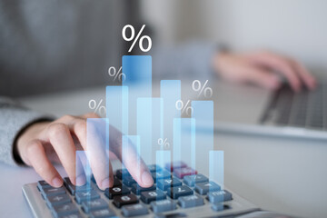 Naklejka premium Businessman person using calculator finance chart graph investment document in office data laptop tax budget concept
