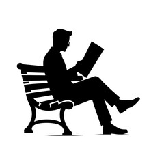 Silhouette of Man Sitting on Bench Reading Newspaper on White Background