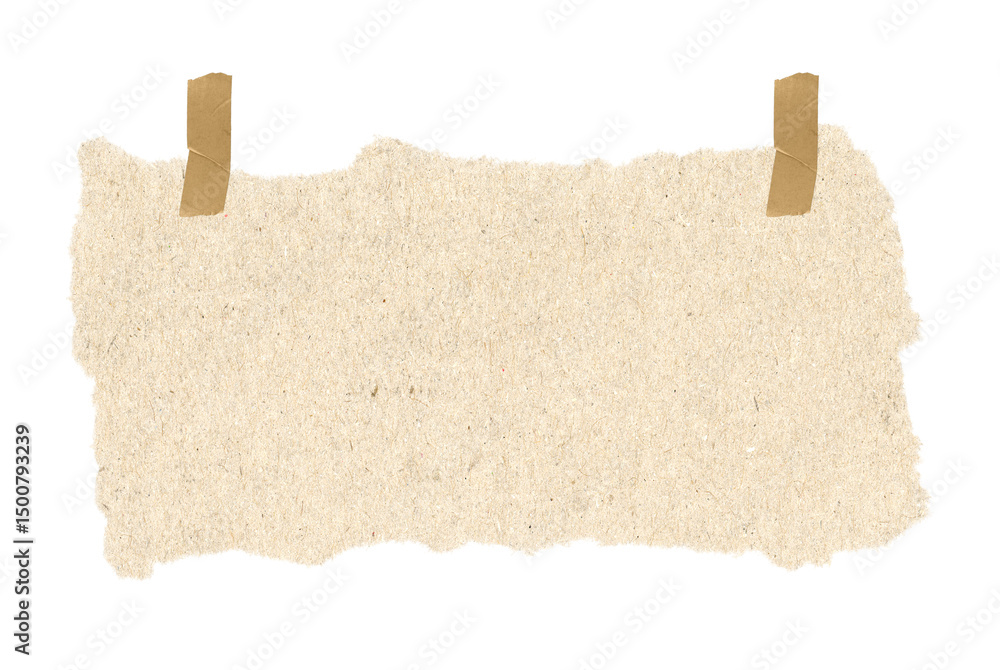 Poster torn beige paper note with rough edges taped to a transparent backdrop ideal for mockups and text ov