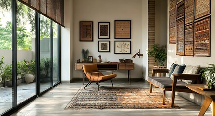 Modern Indian study space combining sleek decor with handcrafted cultural accents and refined heritage details.