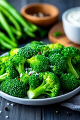 A plate of broccoli on a table with a bowl of sauce