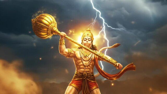 Epic depictions of mythological warrior hero hanuman wielding mighty gada weapon with stormy skies and lightning - Powered by Adobe