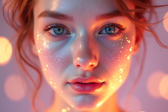 Front-Facing Woman’s Portrait with Ethereal Glowing Skin and Intense Gaze, Set Against a Softly Lit glowing Background, AI-generated