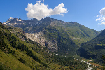 Panorama view with mountain Klein Furkahorn and Furka Pass road in the Swiss Alps, Switzerland