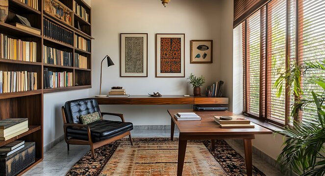 Elegant modern study room with Indian heritage charm, featuring handcrafted elements and minimalist workspace decoration.