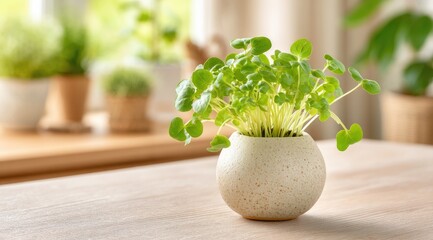 Freshly grown microgreens in a decorative pot