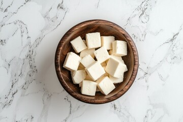 Diced paneer in bowl against marble
