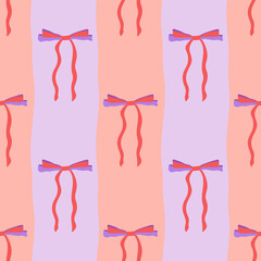 Ribbon bows vector seamless pattern. Trendy coquette bows repeat tile. Bright red bowknots on wavy striped pink lilac background. Elegant festive repeat design for wrapping paper, Valentines Day