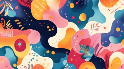 Naklejka premium Vibrant Abstract Artwork with Organic Shapes and Floral Motifs