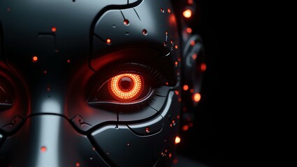 Robot Eye: A strikingly detailed close-up of a robot's face, focusing on its glowing red eye, set against a sleek black background, evoking a sense of artificial intelligence and advanced technology.