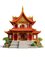 Vibrant traditional Asian temple with intricate architecture and colorful details, surrounded by