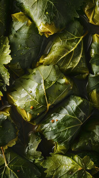 Vertical close-up of Dolmadakia, showcasing grape leaves and savory filling