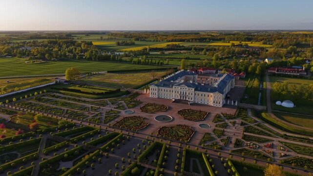 Drone video of Rundale Palace and Baroque gardens at sunset Aerial video footage of Rundale Palace in Latvia, showcasing symmetrical Baroque gardens.