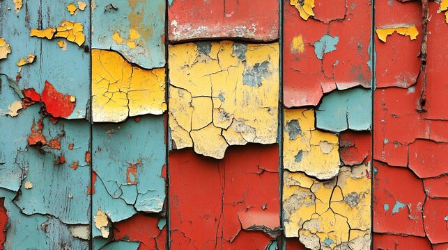 Rustic wooden background with colorful layers of old, cracked, and peeling paint creating an abstract grunge texture - Powered by Adobe