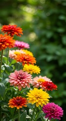 Photo Of Colorful Zinnias Blooming In A Garden Against Green Background