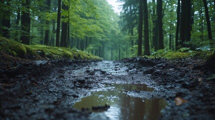 Low angle view of a muddy puddle on a dirt path winding through a lush, green temperate forest after rain