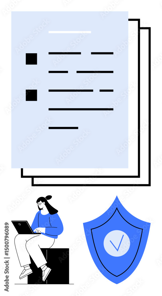 Poster woman working on laptop below large documents and shield with checkmark. ideal for data protection, 