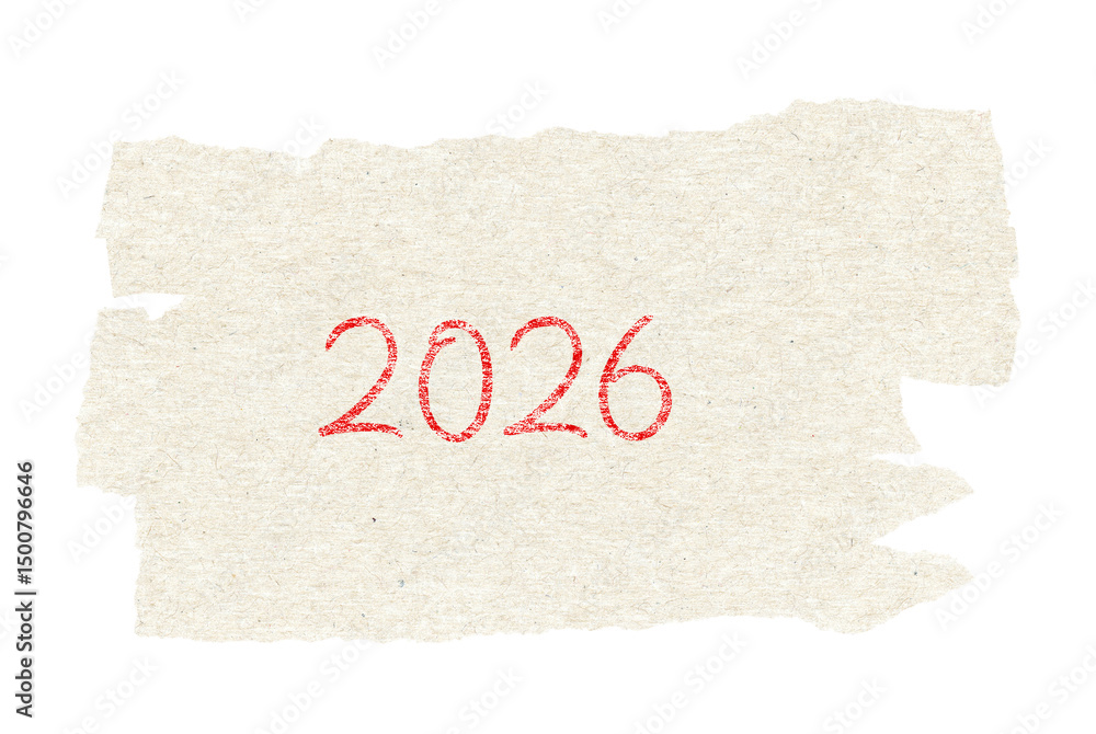Poster 2026 written on torn beige paper strip on black backdrop a symbolic representation of the future yea