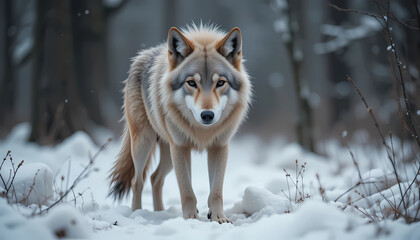 Fototapeta premium Majestic Eurasian Wolf Standing Alert in a Snow-Covered Winter Forest, Wildlife Portrait