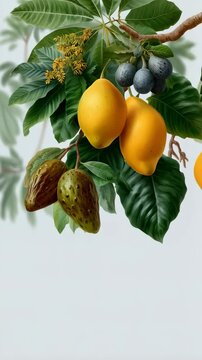 Still life painting of sapote fruit branch with berries and flowers against a light background. Art includes ripening fruit on a limb.