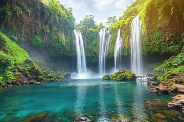 Fototapeta premium Waterfall cascading into a turquoise pool