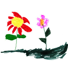 drawing of a child drawing flowers with a felt-tip pen on a white background