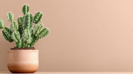 High-resolution product mockup of a potted cactus on a minimalist pure color background, studio shot with copy space for creating sleek product photography or advertising visuals.