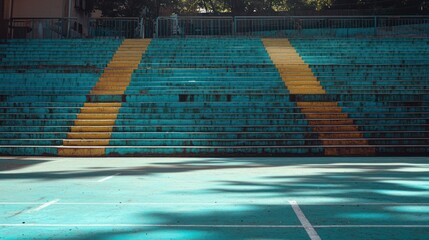 Empty stadium seats. Teal & yellow. Worn and empty