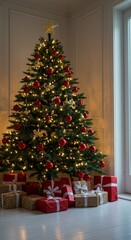 Photo Of Decorated Christmas Tree With Red Ornaments Lights and Gifts