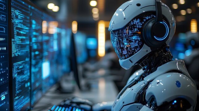 Robot worker with screen eyes focuses on coding at a computer