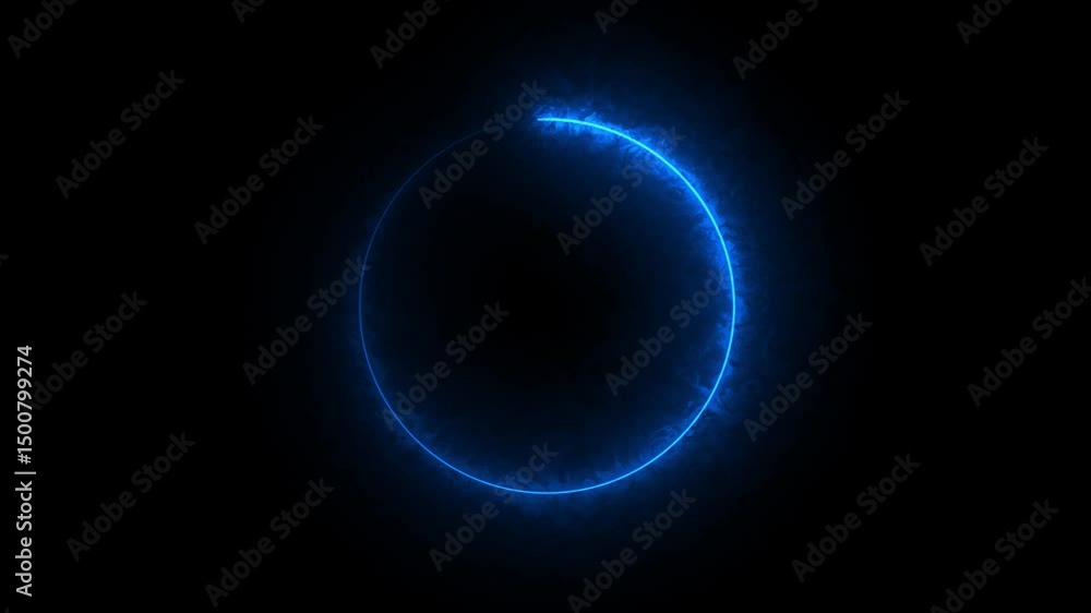 Poster bule color effect neon glowing circle frame background. graphic animation neon line refresh icon iso