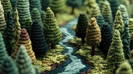 Thread-stitched forest scene with stream and tall pines, suitable for nature lovers, handmade wall art, and tranquil fabric designs.
