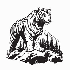 Bengal Tiger Standing Proud Against a Backdrop of Mountains Image Vector.