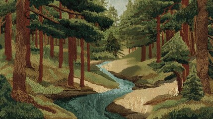 Thread-stitched forest scene with stream and tall pines, suitable for nature lovers, handmade wall art, and tranquil fabric designs.