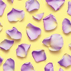 Pastel purple rose petals scattered on a pale yellow background, forming a visually appealing and somewhat random pattern.  
