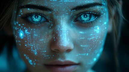Glowing woman with digital overlay, blue eyes, and fair skin looks forward intently