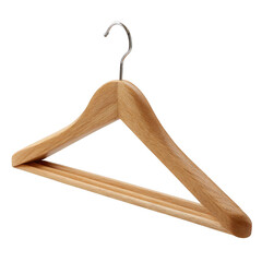 Isolated wooden clothes hanger with metal hook against a plain black studio background close up view