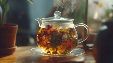 Herbal tea steaming in glass teapot