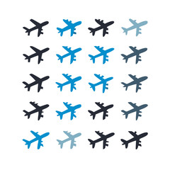 Airplane icon set. Aircraft vector sign. Airport arrival departure symbol. Plane icon set. Airplane icon vector. Flight transport symbol. Travel illustration. Holiday symbol. 
