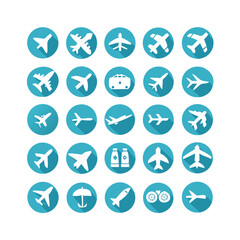 Airplane icon set. Aircraft vector sign. Airport arrival departure symbol. Plane icon set. Airplane icon vector. Flight transport symbol. Travel illustration. Holiday symbol. 
